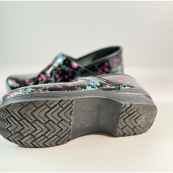 Dansko Womens Shoes Black Patent Leather Clogs Floral Slip On Nursing 38 US 8 - Picture 4 of 6